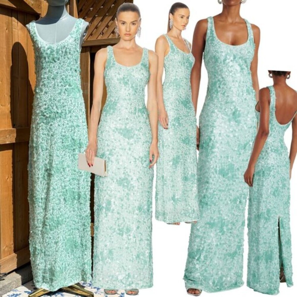 🆕 SIMKHAI 🧿 NWOT Bex Sequined Embellished Maxi Dress, Seafoam Green - Sz US 4